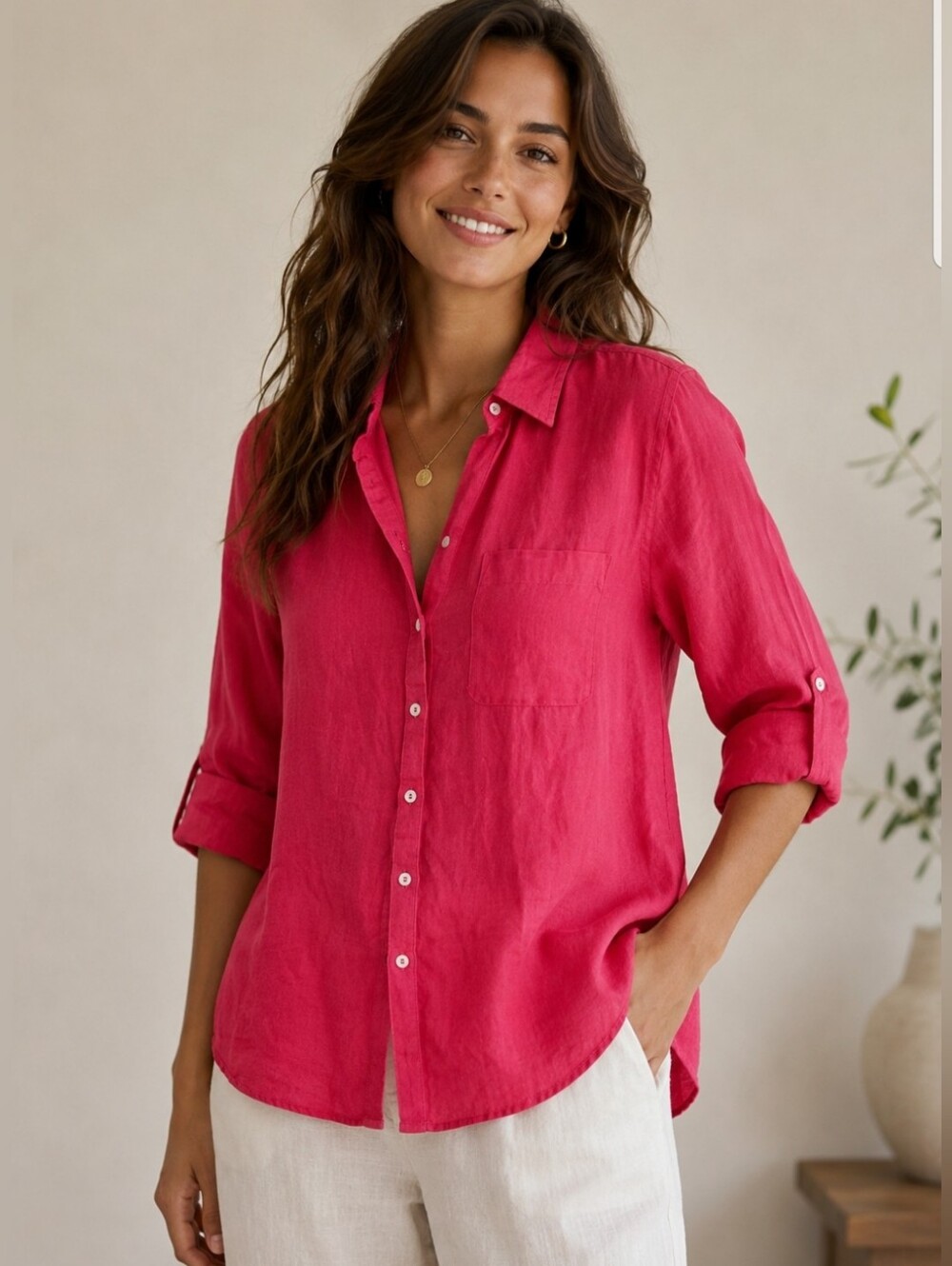 Sigrid Olsen 100% LINEN Top Hot Pink Roll Tab Sleeves Womens Size Small